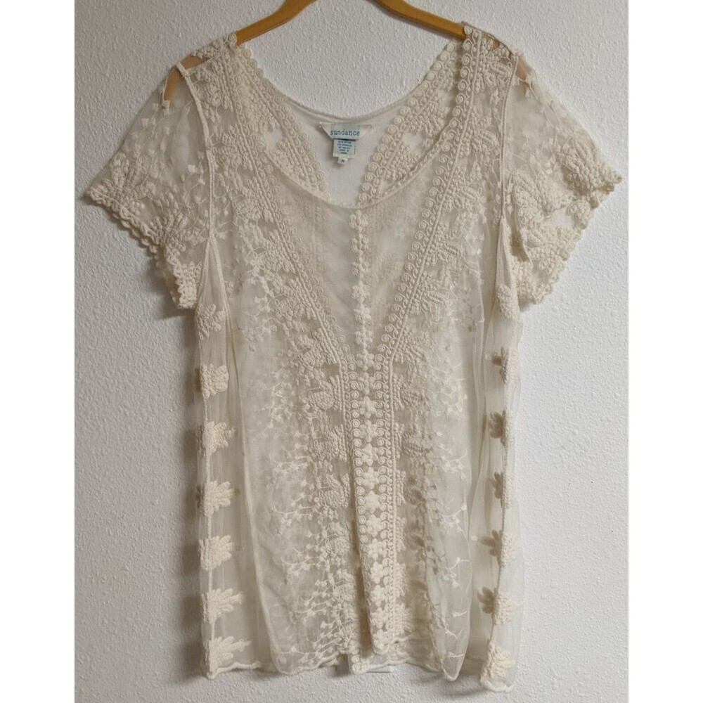 SUNDANCE Ivory Floral & Lace Short Sleeve Scoop Neck Tunic Top Medium